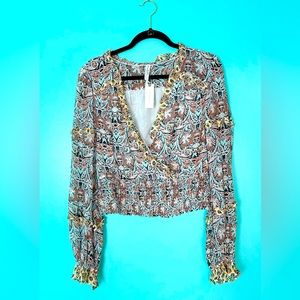 Anthropologie Print Smocked Waist Long Sleeve Wrap Top Size M